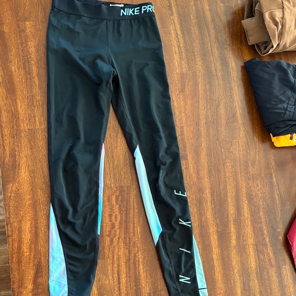 Nike Pro Black Leggings with Light Blue and White Details